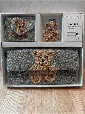 NIB Beaded Teddy Bear coin pouch, clutch/crossbody and Keychain Set